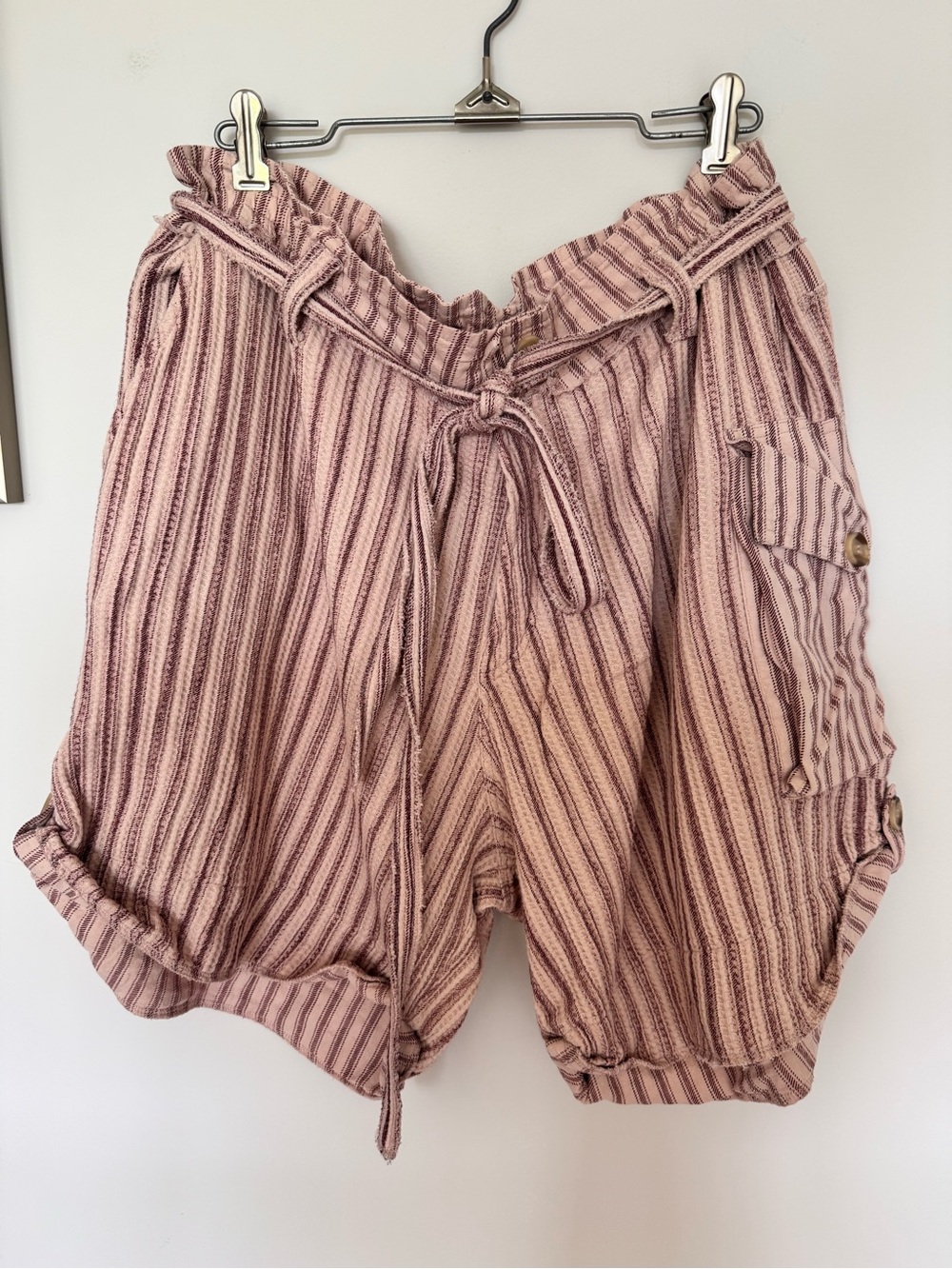 FP One Striped Paperbag Waist Pink Bermuda Shorts with Tie Detail